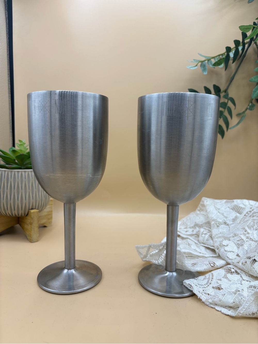 Set of two True North Coolers stainless steel wine goblets.